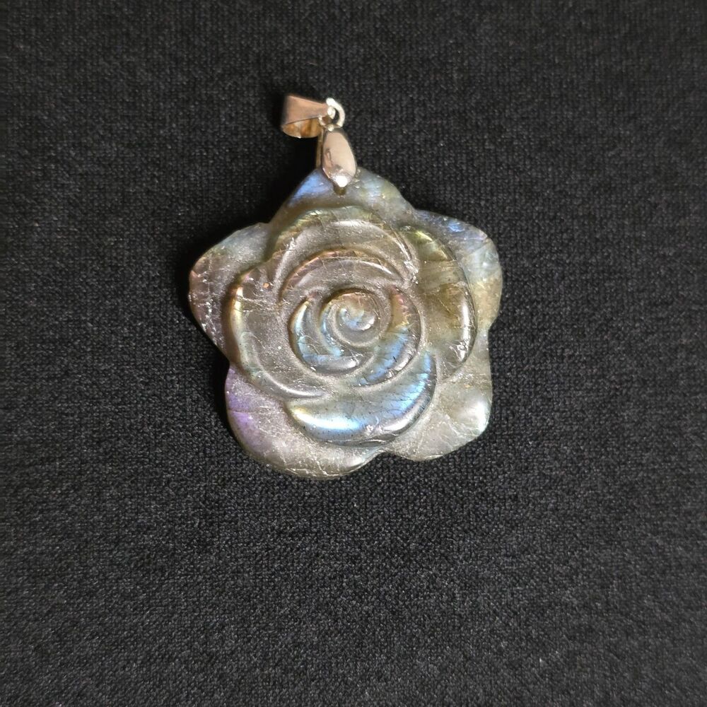 Vintage Labradorite Necklace Pendant MARKED 925 STERLING SILVER Carved Flower